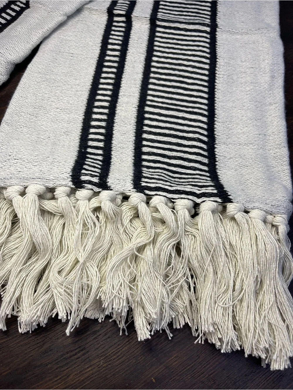 NEW Threshold Studio McGee Outdoor Throw Blanket Cream Black Woven Tasseled Boho